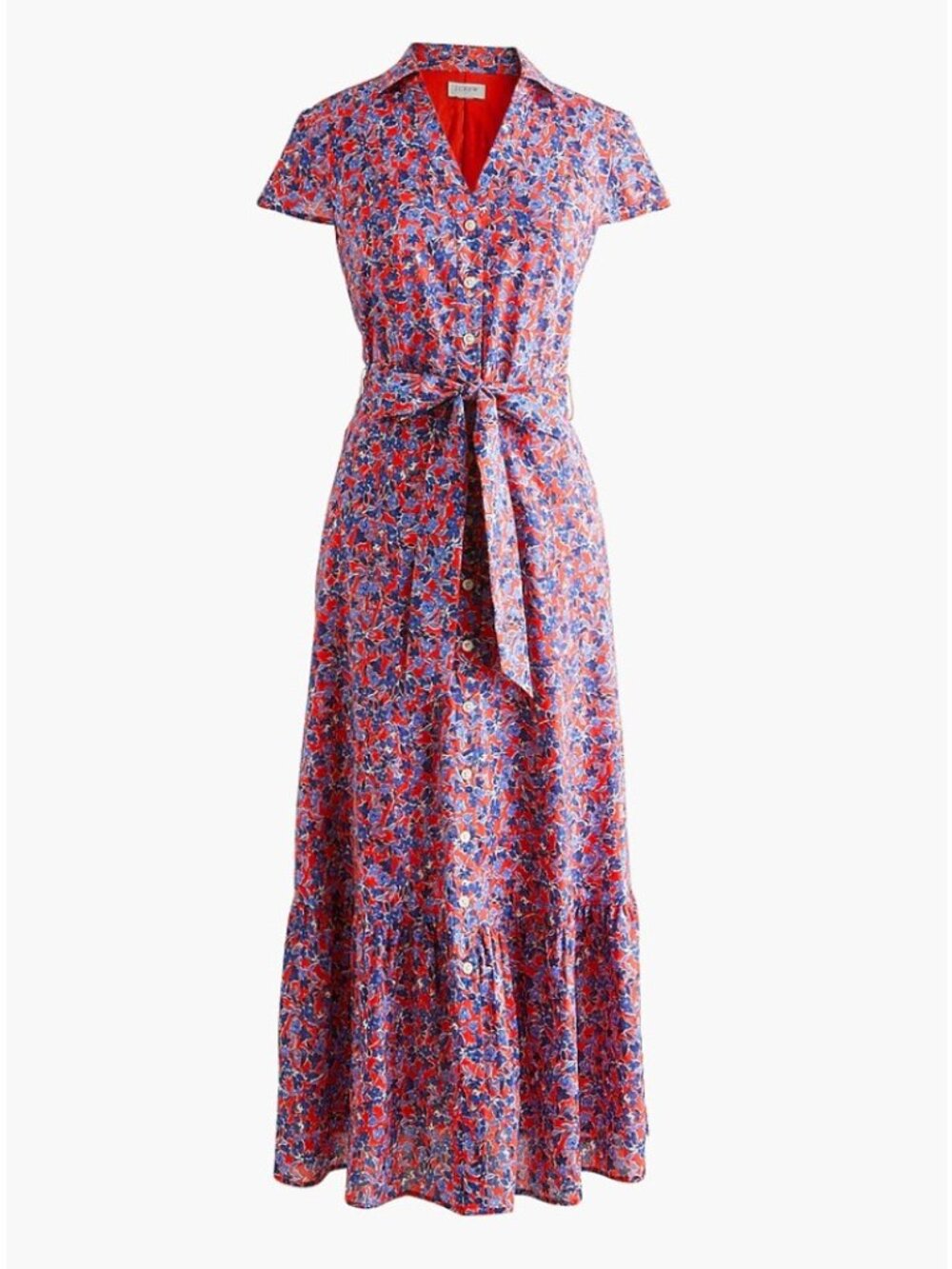 J.Crew Factory Womens Size 10 Red Blue Floral Cotton Button Front Midi Dress Tie